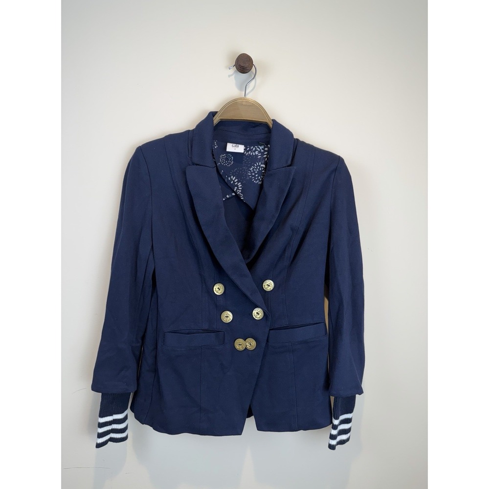 CAbi Navy Double-Breasted Blazer with Gold Buttons and Striped Cuffs